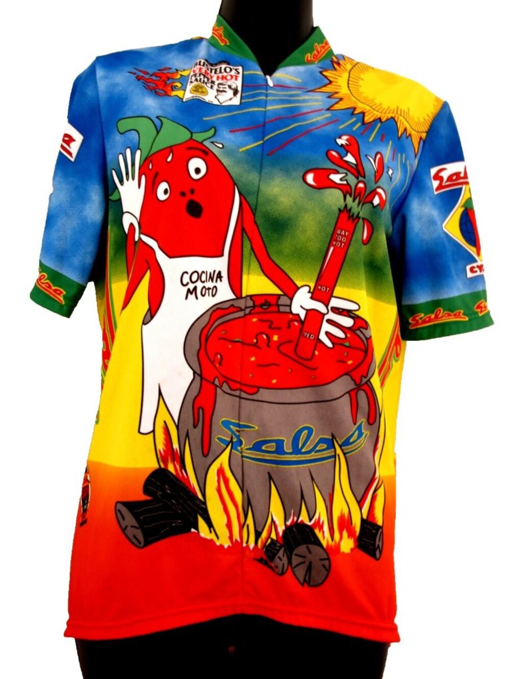 Vintage Aussie Salsa's Print Cycling Jersey 1/4 Zip Red/Yellow Pockets, L or XL,